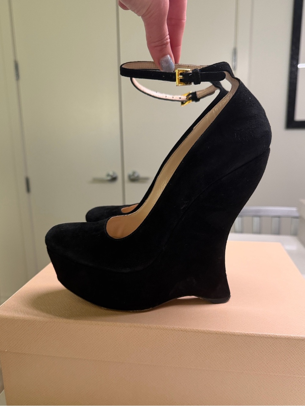 Prada Black Suede Platform Wedge Heels Ankle Strap Size 38 (US 8) With Box - Picture 5 of 10
